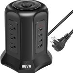 Power Strip Tower Surge Protector BEVA 10ft Flat Plug Desktop Charging Station 9 AC Outlets 4 USB Ports, 900 Joules, Long Extension Cord for Home Office Appliances Smartphones Computer Tablets(Black)